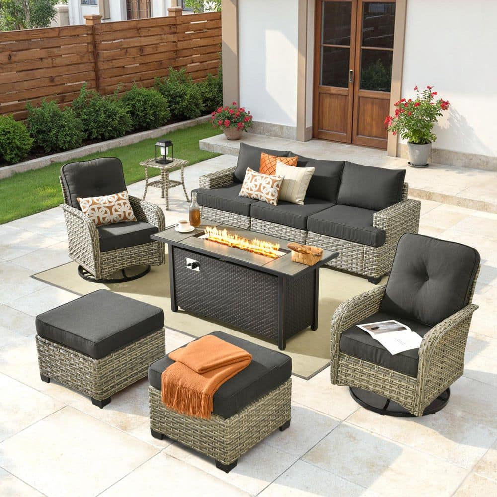 Merritt 9-Piece All-Weather Wicker Outdoor Patio Fire Pit Conversation Sofa Set with Swivel Chairs and Black Cushions price history on PriceWatchPro