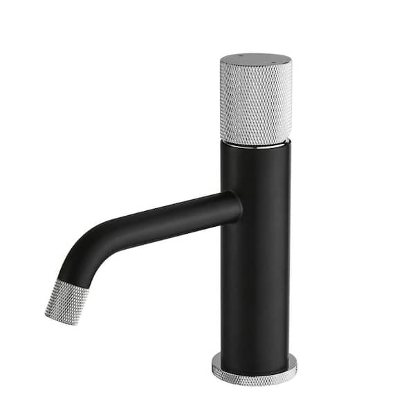 Single Handle Rose Faucet Brass Bathroom Basin Faucet, Knurling Design Deck Mounted Water Mixer Tap in Black and Silver