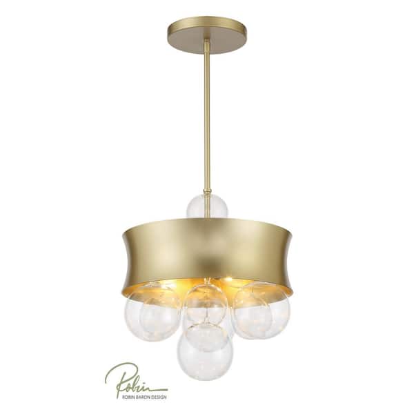 Minka Lavery Verdi Square 60-Watt 3-Light Soft Gold Drum Pendant Light to Semi Flush with Clear Glass Orbs and No Bulbs Included