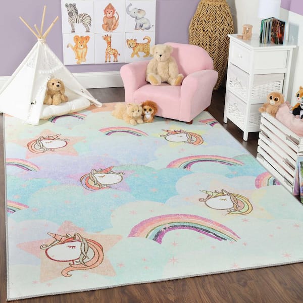 Rainbow Unicorn Turquoise 5 ft. x 7 ft. 6 in. Kids Non-Slip Area Rug
