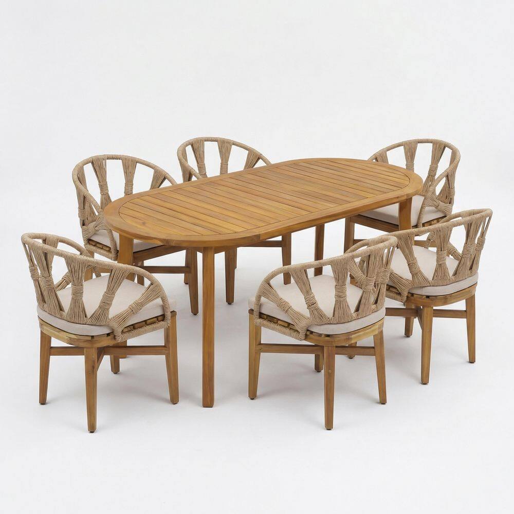 Taliesin 7-Piece Oval Teak Solid Wood Top Outdoor Dining Table Set with Beige Cushions Seats 6 price history on PriceWatchPro