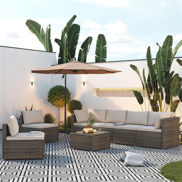 LQOFZ 7-Piece Brown Wicker Patio Conversation Set with Beige Cushions