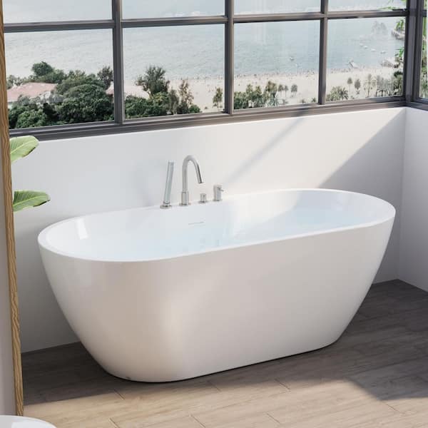 65 in. x 29.5 in. Freestanding Soaking Bathtub with Center Drain in White with Built-In Widened Deck for Storage