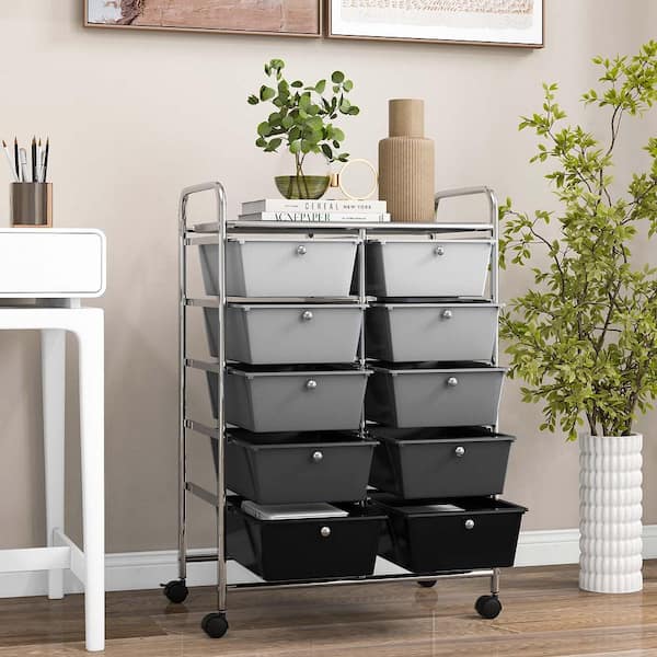 10-Drawer 4-Wheeled Plastic Storage Cart Utility Rolling Trolley Kitchen Office Organizer in Black Gradient