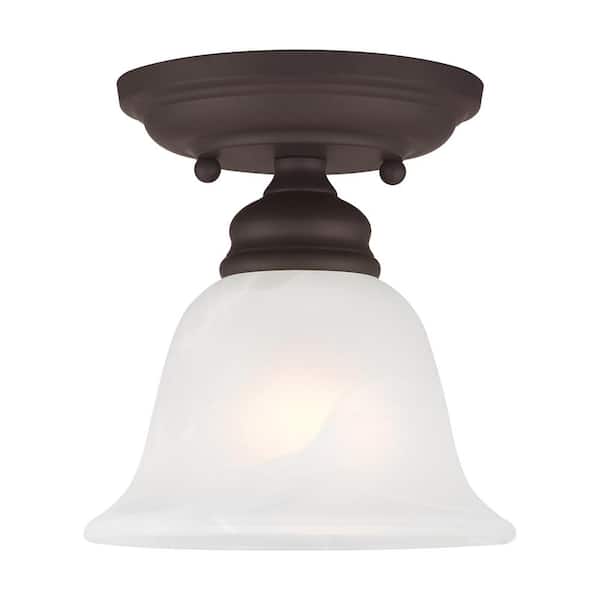 Livex Lighting Woodside 6.25 in. 1-Light Bronze Industrial Semi Flush Mount with Alabaster Glass and No Bulbs Included