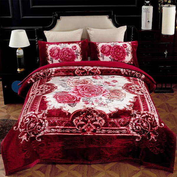 3-Pieces Burgundy Floral Sherpa Fleece Blanket Set 79 in. x 91 in. with 2-Pillow Sham 20 in. x 30 in.