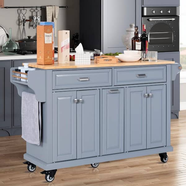 Unbranded Gray Rubber Wood Kitchen Cart with 4-Door Cabinet, 3-Drawers, Spice Rack and Towel Rack