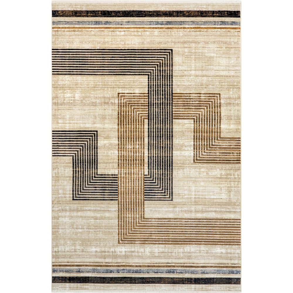 Beige and Black Synthetic Rectangular Striped Area Rug, 8' 10" x 13'