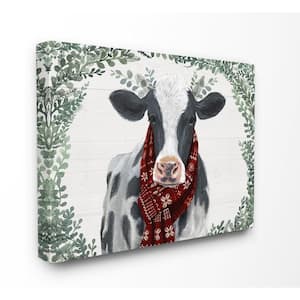 16 in. x 20 in."Holiday Farmhouse Cow With Scarf and Boxwood Leaves" by Artist Victoria Borges Canvas Wall Art