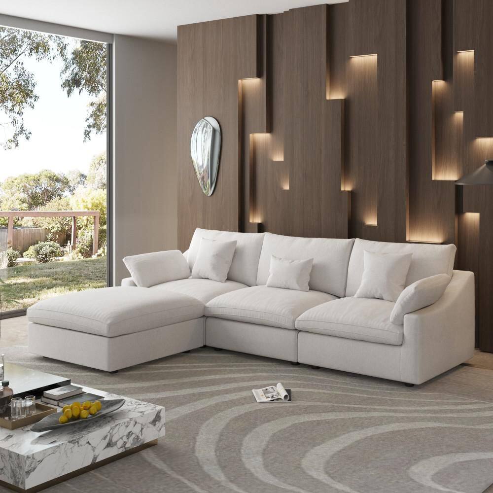 119.3 in. Square Arm 4-Piece Linen Modular Sectional Sofa in. Beige with Ottoman, Living Room Couch, Customizable Design
