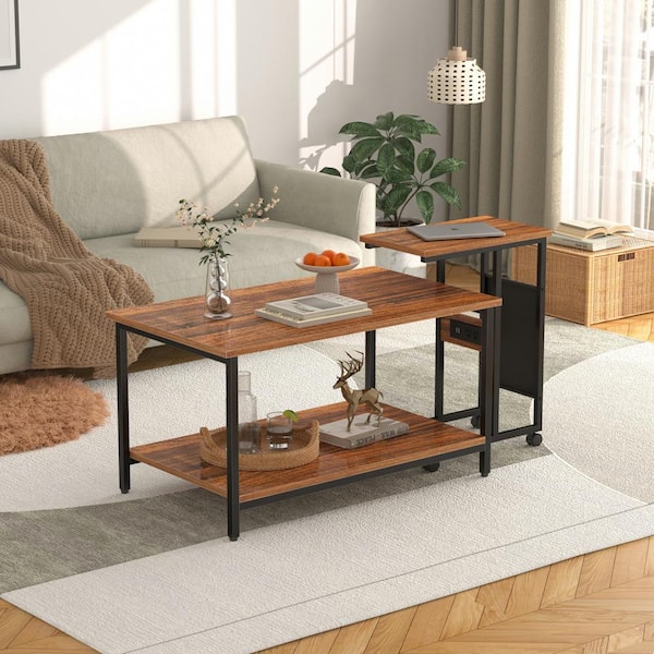 VECELO Modern Brown Rectangle Nesting Coffee Table Set with USB - 2-Piece Adjustable Tables for Living Room, Industrial MDF