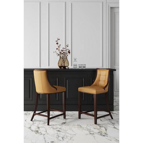 Fifth Avenue 26 in. Camel and Dark Walnut Beech Wood Counter Stool with Faux Leather Upholstered Seat (Set of 3)