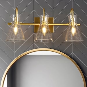 Modern Bell Bathroom Vanity Light, 3-Light Brass Gold Wall Sconce Light with Seeded Glass Shade
