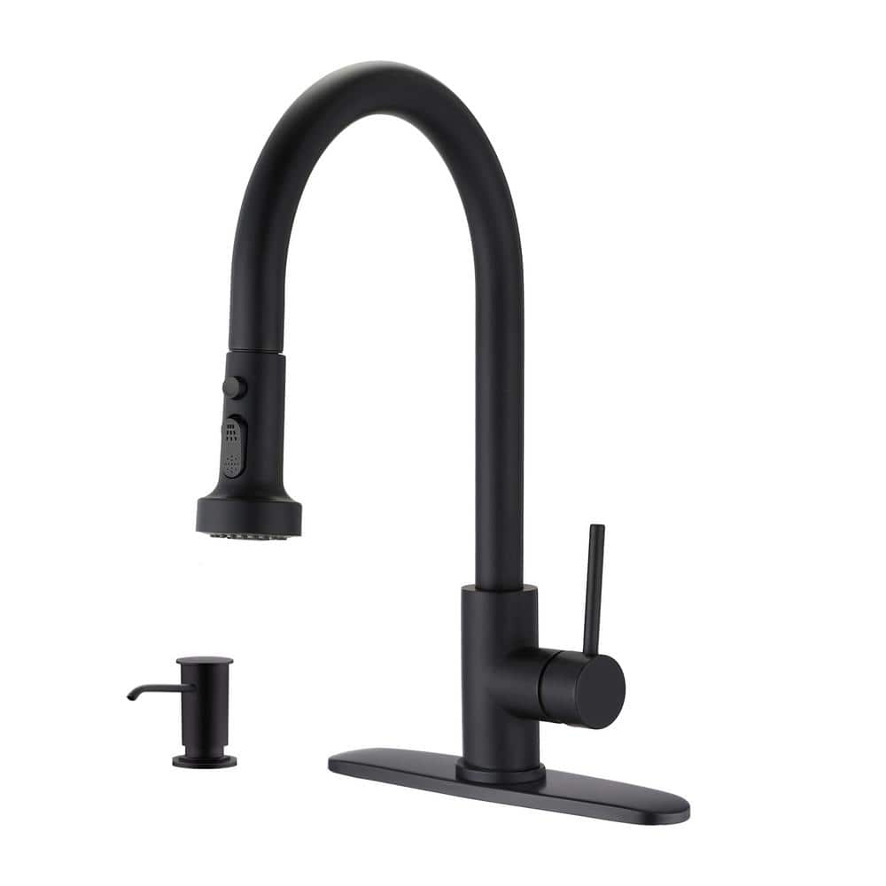 Single Handle Gooseneck Pull Down Sprayer Kitchen Faucet with Deckplate and Soap Dispenser in Matte Black -  PROOX, B3412MB-I805MB