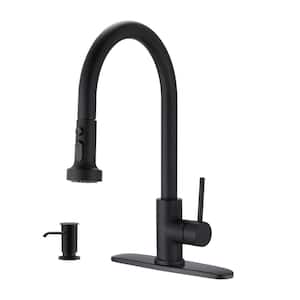 Single Handle Gooseneck Pull Down Sprayer Kitchen Faucet with Deckplate and Soap Dispenser in Matte Black