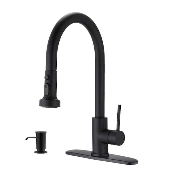 PROOX Single Handle Gooseneck Pull Down Sprayer Kitchen Faucet with Deckplate and Soap Dispenser in Matte Black