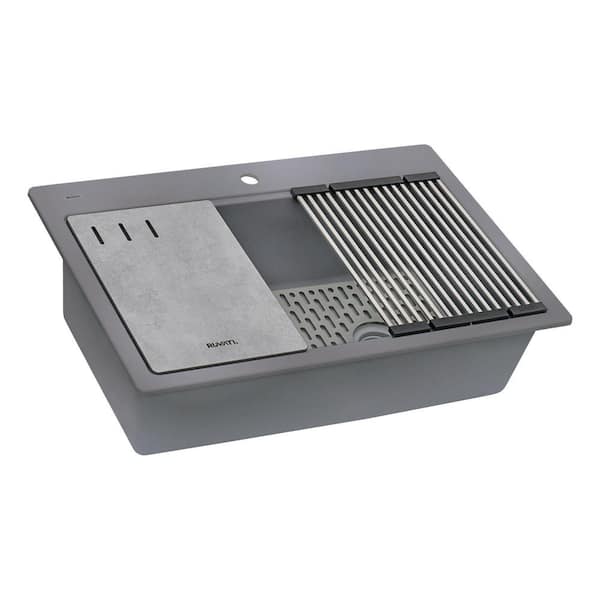 Ruvati epiStage 33 in. Drop-in Topmount SIngle Bowl Worstation Kitchen Sink in Urban Gray Granite Composite with Accessories