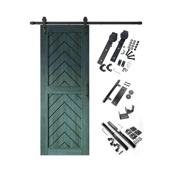 JT1 30 in. x 80 in. C-Panel Royal Pine Fishbone Design Solid Pine Wood Sliding Barn Door with Hardware Kit
