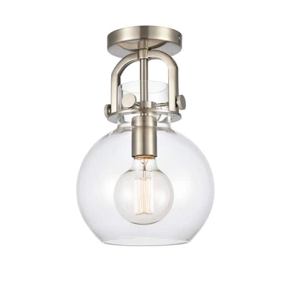Newton Sphere 8 in. 1-Light Satin Nickel Industrial Flush Mount with Clear Glass Shade
