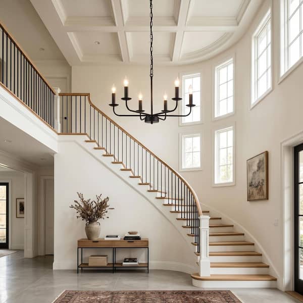 KMaiPem 6-Light Black Chandelier – Modern Farmhouse, 23.6” Wide, Height Adjustable, Candle Style, E12 Bulbs, Dimmable, For Dining Room Kitchen Island