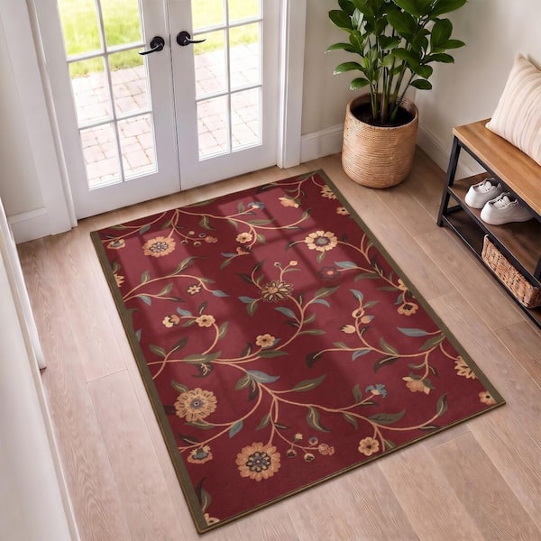 Ottohome Collection Non-Slip Rubberback Floral Leaves 3 x 5 Indoor Area Rug, 2 ft. 7 in. x 5 ft., Dark Red
