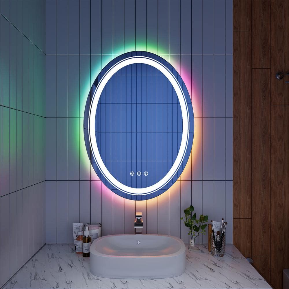 INSTER Iridescent 24 in. W x 32 in. H Oval Frameless RGB LED Lighted Defog Wall Mount Bathroom
