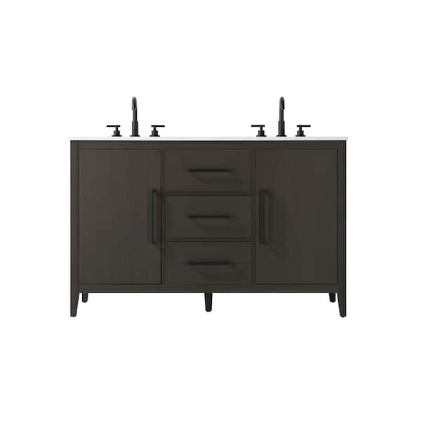 54 in. Double Sink Mocha Brown Bath Vanity with White Engineered Marble Top