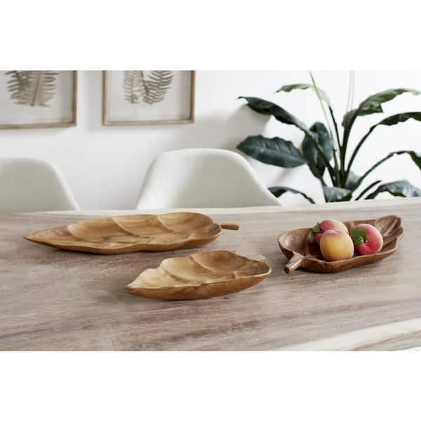 Litton Lane Brown Teak Wood Live Edge Leaf Decorative Tray (Set of 3)