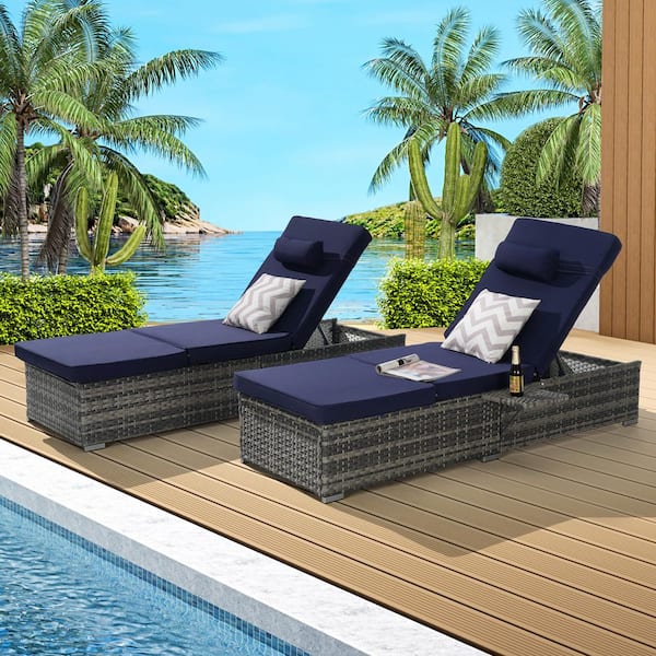 Sudzendf Set of 2 Gray Wicker Outdoor Lounge Chair with Dark Blue Cushions, Adjustable Backrest, Side Tables