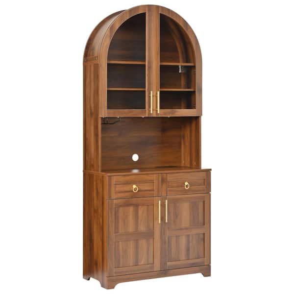 74.8in Walnut Farmhouse Tall Arched Kitchen Pantry Cabinet with Power Outlet