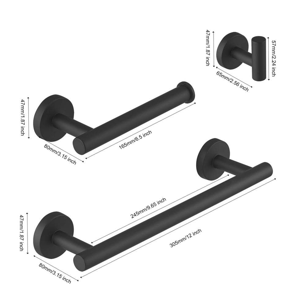 Matte Black Stainless Steel 3-Piece Bathroom Hardware Set