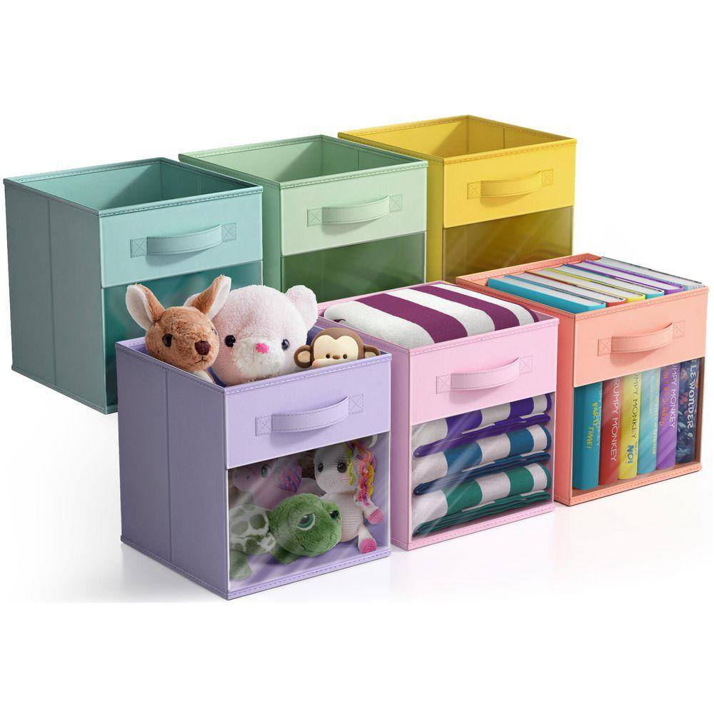Foldable Storage Bins with Window and Handles, Multicolored 11 in. x 10.5 in. Fabric Decorative Basket (Set of 6)