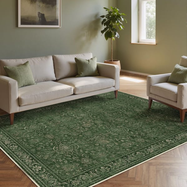 Manhattan Green 5 ft. x 7 ft. Distressed Vintage Floral Washable Area Rug