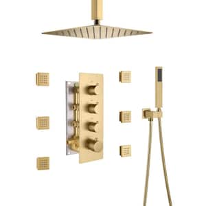 Luxury 7-Spray Patterns Thermostatic 12 in. Ceiling Mount Rainfall Dual Shower Heads with 6-Jet in Brushed Gold
