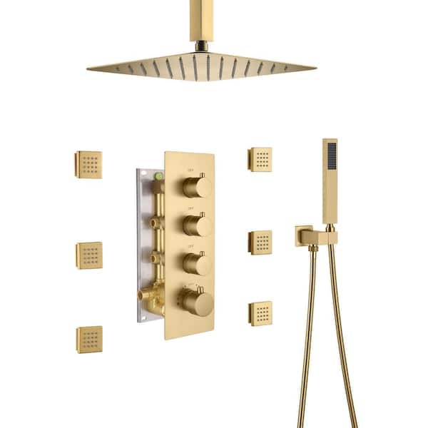 Mondawe Luxury 7-Spray Patterns Thermostatic 12 in. Ceiling Mount Rainfall Dual Shower Heads with 6-Jet in Brushed Gold