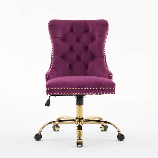 Purple Velvet Gaming Chair with Golden Metal Base, Tufted Button Design, Adjustable Swivel Desk Chair for Home Office