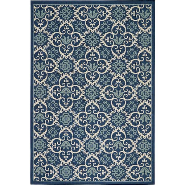 Caribbean Navy 7 ft. x 10 ft. Botanical Transitional Indoor/Outdoor Patio Area Rug