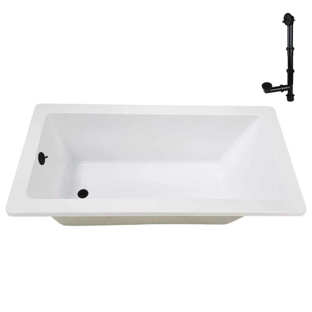 66" x 34" Glossy White Acrylic Soaking Drop-In Bathtub with Matte Black Trim