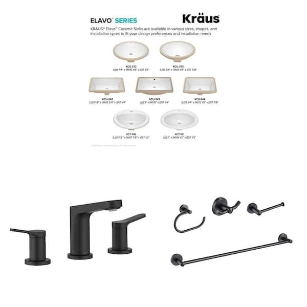 Elavo 16.8 in. White Oval Sink, Indy Matte Black 8 in. Faucet with Pop Up Drain, and Elie 4-Piece Hardware Set