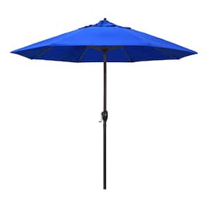 9 ft. Bronze Aluminum Pole Market Aluminum Ribs Auto Tilt Crank Lift Patio Umbrella in Pacific Blue Sunbrella