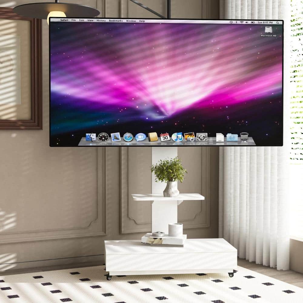 White Adjustable Height Mobile TV Stand – Fits 32"-75" TVs, Rolling Cart with Glass Shelf & Drawer