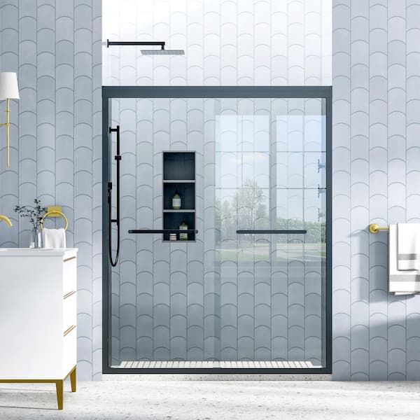 56-60 in. W x 75 in. H Sliding Semi-Frameless Shower Door in Matte Black Finish with 1/4 in. SGCC Tempered Clear Glass