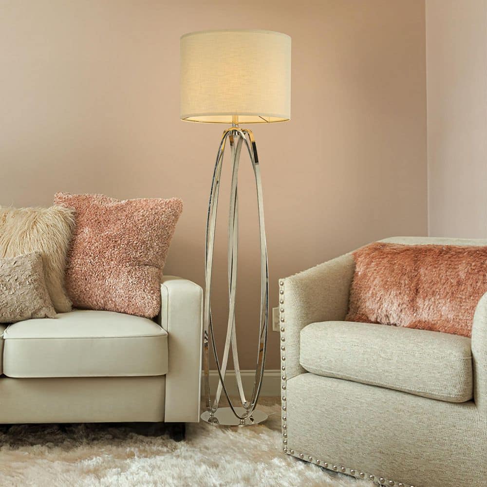62 in. Polished Nickel Modern 1-Light Lantern Floor Lamp with Ivory Fabric 