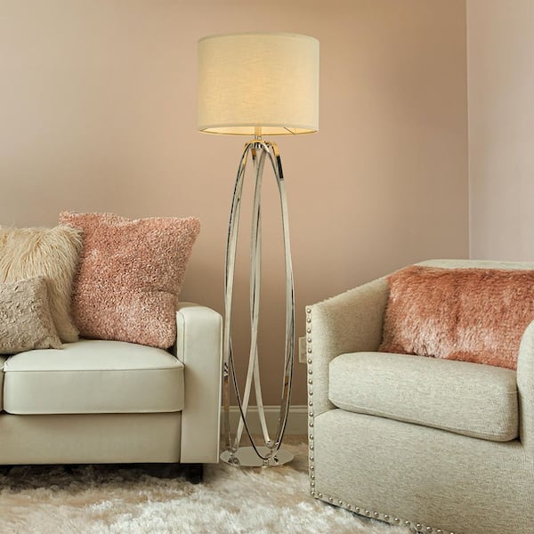 62 in. Polished Nickel Modern 1-Light Lantern Floor Lamp with Ivory Fabric Drum Shade