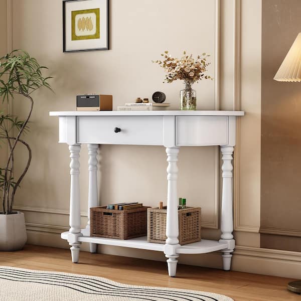 36 in. White Curved Corners(Specialty) Wood Console Table with Carved Turned Legs, Open Shelves and Top Drawer