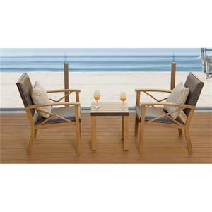3-Pieces Yellow Brown Wood Grain Aluminum Wicker Padded Porch Chairs, Outdoor Bistro Sets
