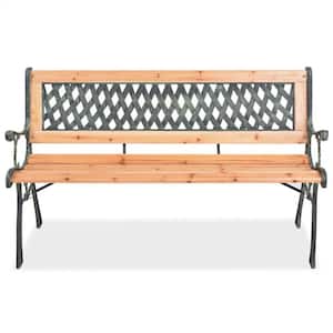 48 in. Wood Outdoor Bench with Decorative Backrest and Wrought Iron Frame for Home Garden or Any Patio Space