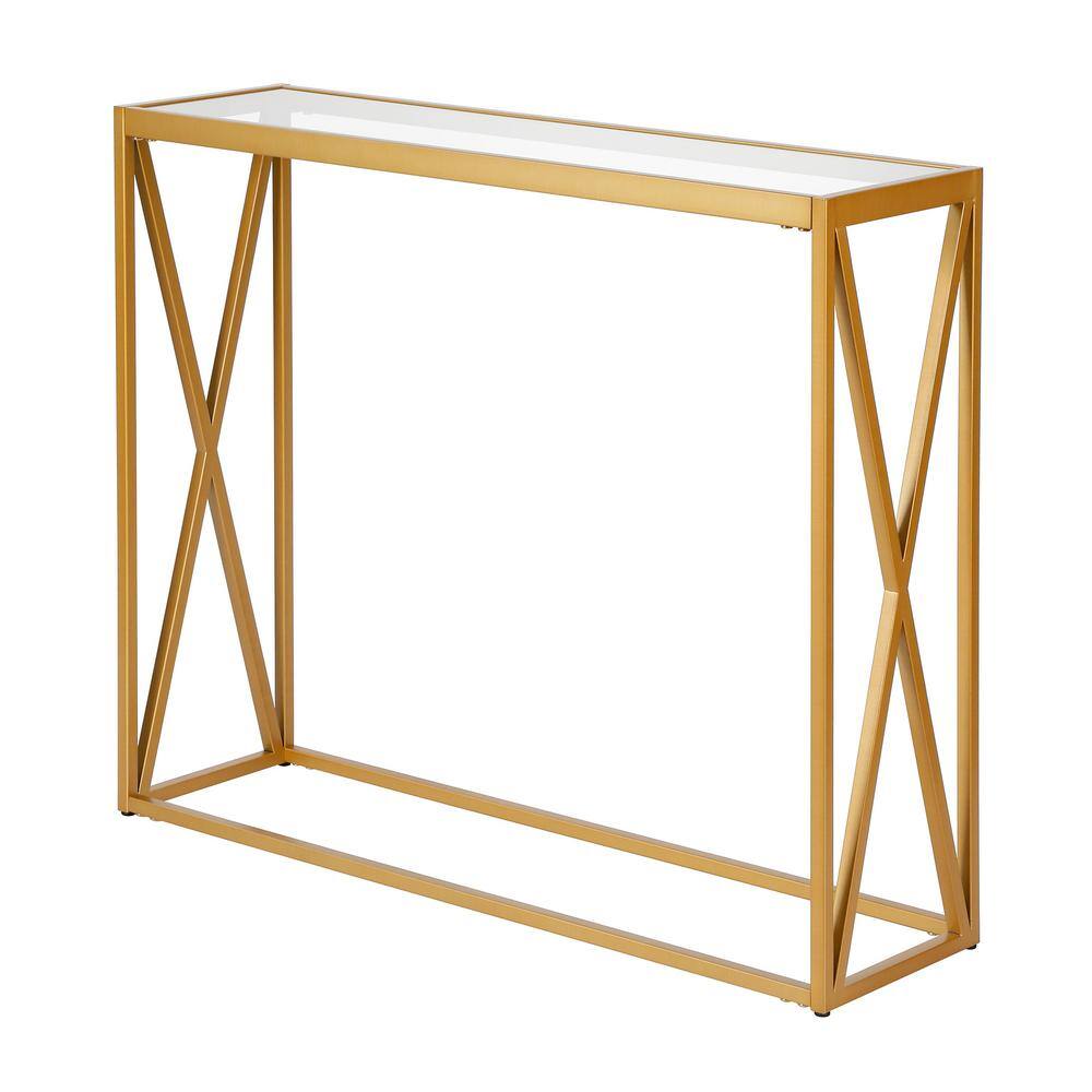 Brass and Glass X-Base Hallway Table with Storage