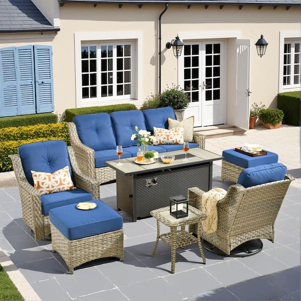 Eureka Gray 7-Piece Wicker Patio Conversation Sofa Swivel Chairs Set with Metal Fire Pit and Navy Blue Cushions