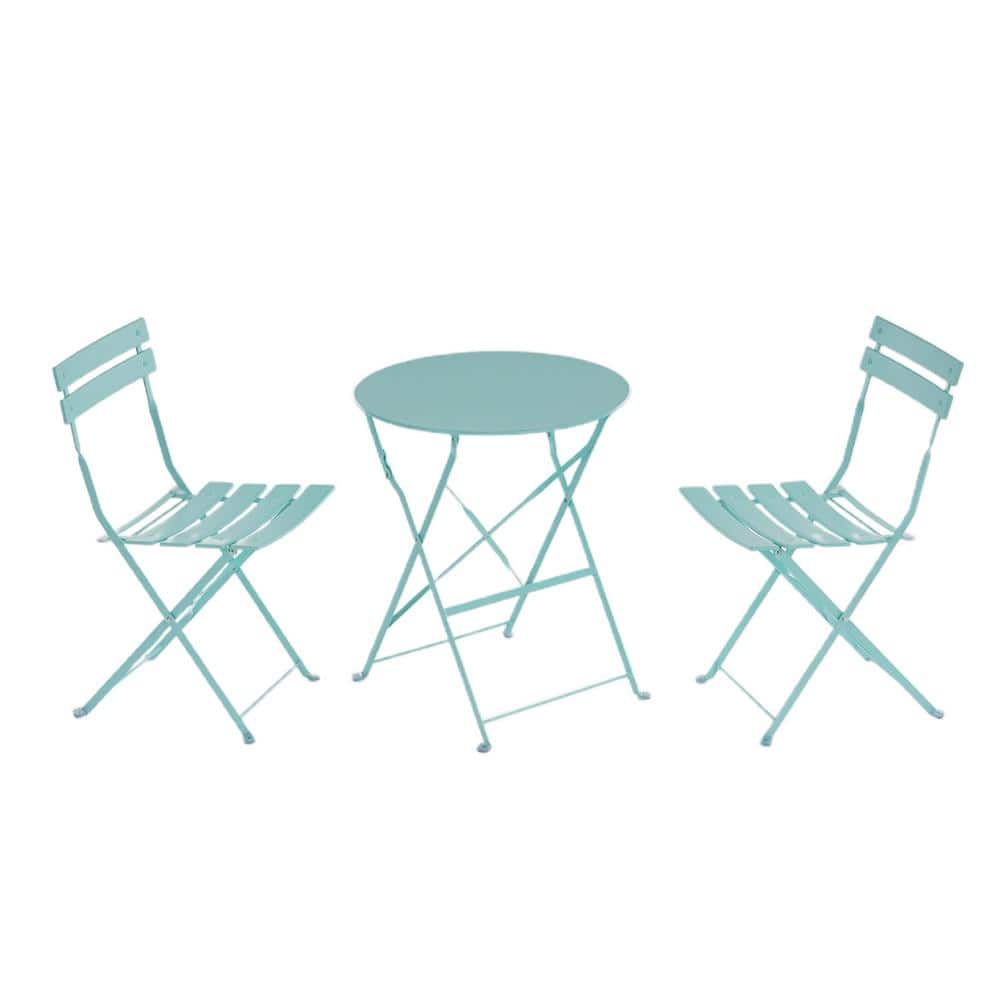 Mint Green Folding 3-Piece Metal Outdoor Bistro Set